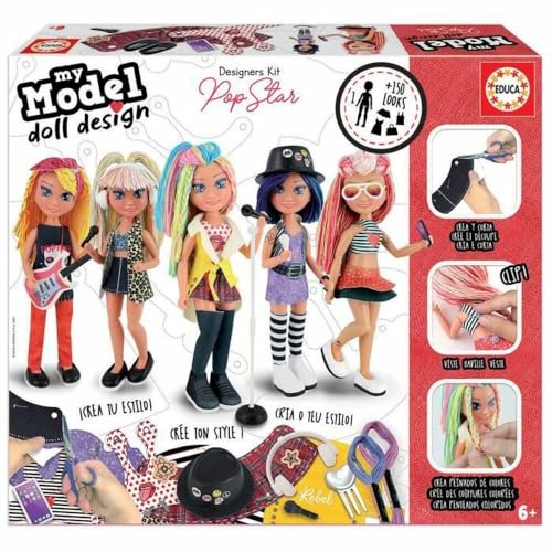 Educa - My Model Doll Design Pop Star. Articulated doll to create over 150 amazing different looks, cut the fabric and dress it up with the numerous fabrics and accessories included (19203)