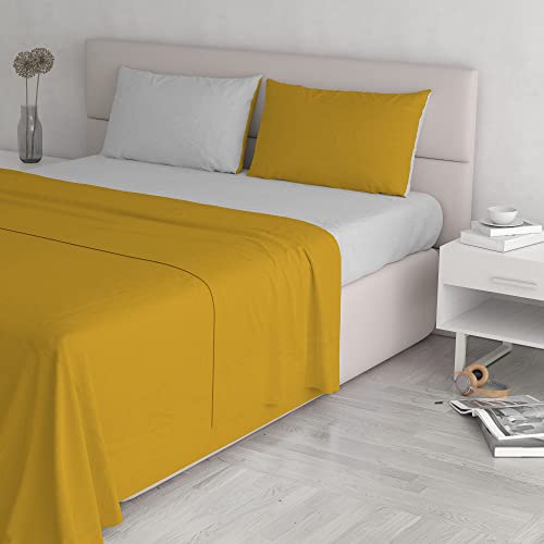 Italian Bed Linen “ Natural Color” Bed Linen Set, Mustard/Light Gray, Double