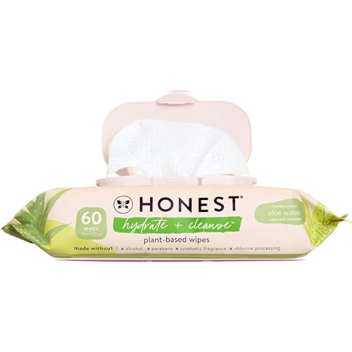 The Honest Company Hydrate and Cleanse Naturally Scented Wipes Cleansing Multi-Tasking Wipes 99% Water Plant Based Hypoallergenic Aloe and Cucumber 60 Count
