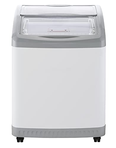 Duura Commercial Mobile Ice Cream Display Chest Freezer Sub Zero Temp Curved Glass Top Frost Free Lid with 2 Wire Baskets, 24.6 Inch Wide 5.7 Cubic Feet, White