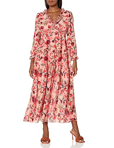 BLENCOT Womens Casual Floral Deep V Neck Long Sleeve Long Evening Dress Cocktail Party Maxi Wedding Dresses Floral Pattern Red X-Large