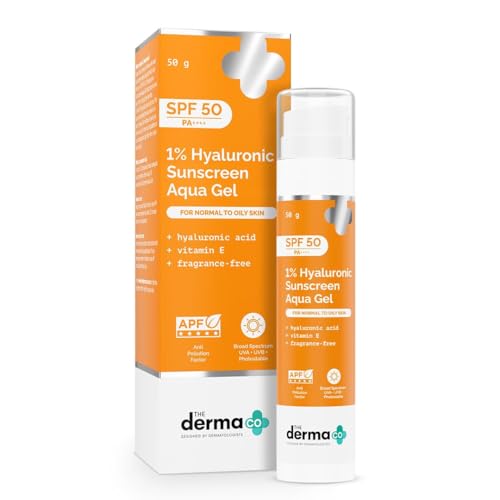 The Derma Co 1% Hyaluronic Sunscreen Aqua Gel SPF 50 PA++++ | Hydrating, Lightweight & Non-Greasy | No White Cast | Broad Spectrum & Blue Light