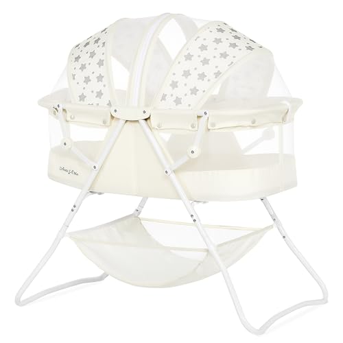 Dream On Me Karley Bassinet in French White,Lightweight Portable Baby Bassinet, Quick Fold and Easy to Carry, Adjustable Double Canopy, Indoor and Outdoor Bassinet with Large Storage Basket.