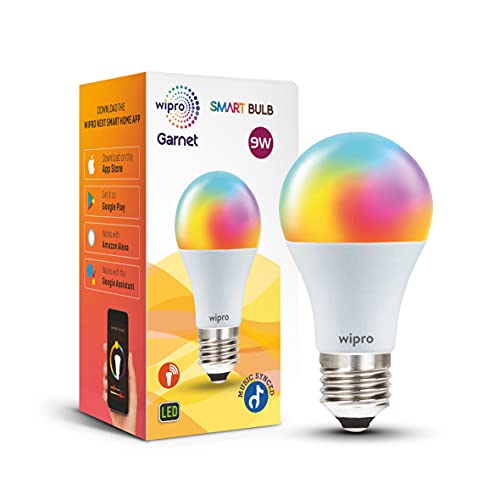 wipro 9-Watt E27 WiFi Smart LED Bulb with Music Sync (16 Million Colours + Warm White/Neutral White/White) (Compatible with Amazon Alexa and Google As