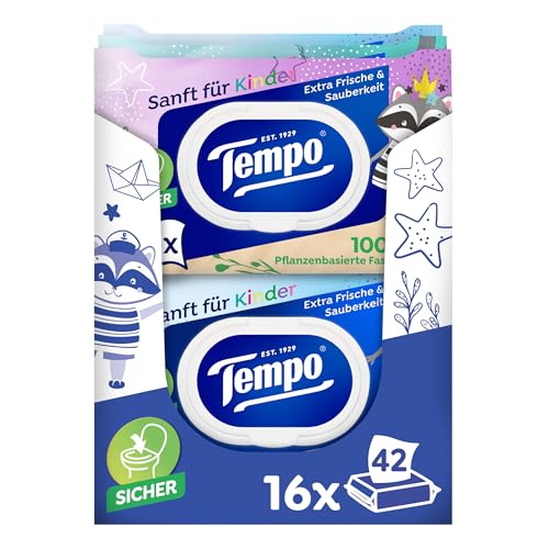 (-32%) Tempo Toilettenpapier feucht für Kinder, Megapack, Designedition, 16 Packungen, 42 Tücher