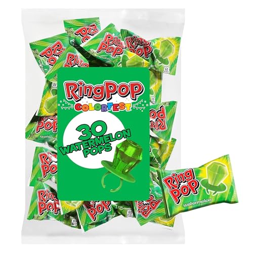 Ring Pop Green Halloween Candy Lollipops, 30Ct Bulk Candy Individually Wrapped in Green Watermelon Flavor, Full Size, Fun Hard Candy For Trick or Treat, Halloween Bowls, Gifts, Party Favors for Kids