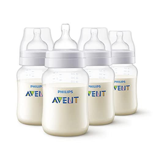 Philips Avent Anti-Colic Baby Bottle with AirFree Vent, 9oz, with Flow 2 Nipples, 1m+, 4pk, Clear, SCY703/04