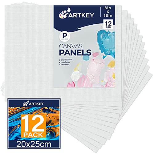 Artkey Canvases for Painting 8x10 Inch 12-Pack, 10 oz Primed 100% Cotton White Blank Canvas Boards for Painting, Art Supplies Paint Canvas Panels for Acrylic Oil Watercolor Tempera Paints