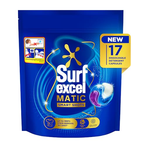 Surf Excel Matic 3 इन 1 स्मार्ट शॉट्स 17 पीस || फ्रंट लोड और टॉप लोड वॉशिंग मशीन में कठोर दाग हटाने के लिए लॉन्ड्री डिटर्जेंट पॉड्स || खुशबू + देखभाल