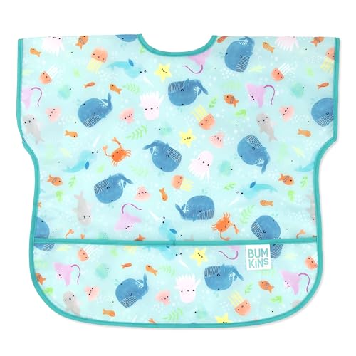 Bumkins Short Sleeve Bib for Girl or Boy, Toddler and Kids for 1-3 Years, Large Size, Essential Must Have for Junior Children, Eating, Mess Saving Soft Fabric Apron for Play, Ocean Life Blue