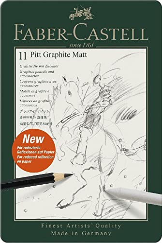 Faber-Castell Pitt Graphite Matte Pencil Set, Metal Tin of 8 Graphite Pencils and Sketching Accessories (HB, 2B, 4B, 6B, 8B, 10B, 12B, 14B), Pencil Sharpener, Eraser and Blending Stump