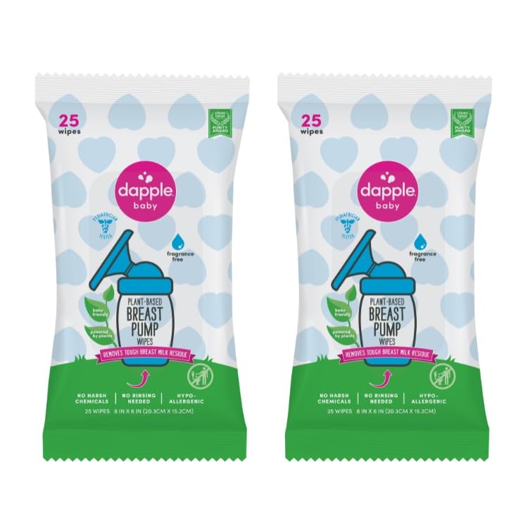 Dapple Breast Pump Wipes, Powered by Plants, Hypoallergenic, Removes Milk Residue, Fragrance Free, Convenient Wipes Pouch, 25 Count (2 Pack)
