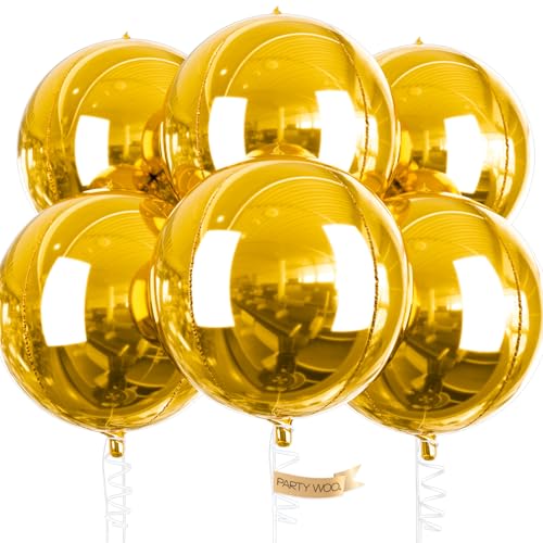 PartyWoo Metallic Gold Foil Balloons 6pcs 22 Inch Large Round Foil Big Giant Orbz 4D Jumbo Inflatable Mirror Ball Mylar Balloons for Graduation Birthday Baby Shower Anniversary Tea Party Decorations