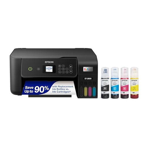 Epson EcoTank ET-2800 Wireless Color All-in-One Cartridge-Free Supertank with Scan and Copy, The Ideal Basic Home Printe