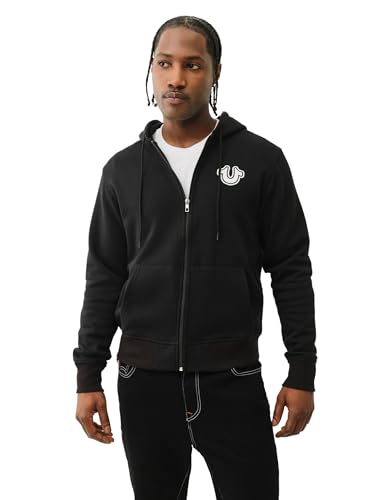 True Religion Men's Zip Up Hoodie, Jet Black, Large