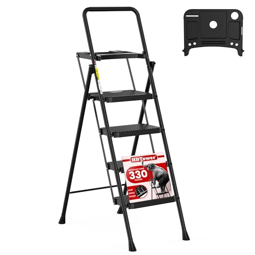 (-34%) HBTower Trittleiter 4 Stufen klappbar, Leiter mit Breitem Anti-Rutsch-Pedal, Trittleiter mit Bequemer Handlauf, Tragbarer Tritthocker aus Stahl, Schwarz