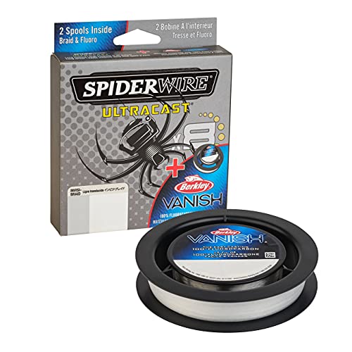 SpiderWire Ultracast Braid Vanish Fluorocarbon Dual Spool, 10lb Translucent Braid with 20lb Clear Fluoro Leader, 164yd | 150m
