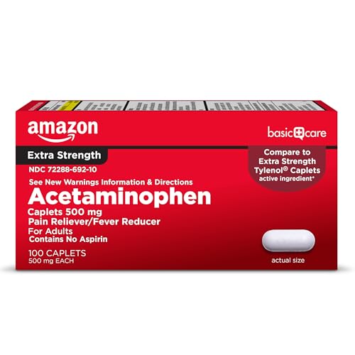 Amazon Basic Care Extra Strength Pain Relief, Acetaminophen Caplets, 500 mg, Pain Reliever/Fever Reducer, 100 Count (Packaging may vary)