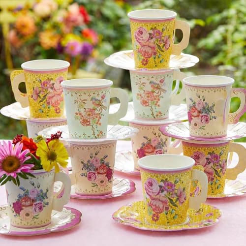 Talking Tables 24 x Vintage Paper Floral Disposable Tea Cups & Saucer Set, Afternoon Tea Party Table Decorations For Mother’s Day, Birthday, Baby Shower, Wedding - 6inches