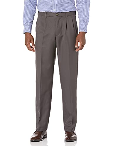 Amazon Essentials Men's Classic-Fit Expandable-Waist Pleated Dress Pant, Dark Grey, 42W x 30L