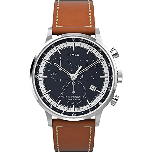 Timex Men's Waterbury Classic Chrono 40mm Stainless Steel Quartz Dress Watch with Leather Strap, Brown, 20 (Model: TW2V30800VQ)