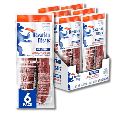 Bavarian Meats Landjaeger Meat Sticks, Smoked Sausage Protein Snacks, Zero Sugar, Great Source of Protein, Gluten Free, Keto Friendly Low Carb Snack, 2.75 Ounce (Pack of 6)
