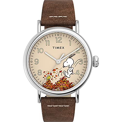Timex x Peanuts Men's Standard 40mm Watch – Fall Silver-Tone Case Beige Dial with Tan Genuine Leather Strap : Clothing, 