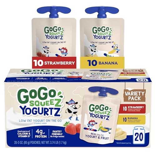 GoGo squeeZ yogurtZ Variety Pack, Strawberry & Banana, 3 oz (Pack of 20), Kids Snacks Made from Real Yogurt and Fruit, No Fridge Needed, Gluten Free, Nut Free, Recloseable Cap, BPA Free Pouches