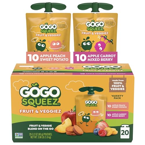 GoGo squeeZ Fruit & veggieZ Applesauce and Puree Variety Pack, Pedal Peach and Boulder Berry, 3.2 oz (Pack of 20), Unsweetened Snacks for Kids, BPA Free Pouches (Packaging May Vary)