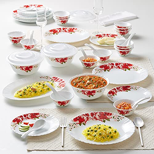 Rose Red Silk Series Opalware Dinner Set | 47 Pieces for Family of 8 | Microwave & Dishwasher Safe | Bone-Ash Free | Crockery Set for Dining & Gifting