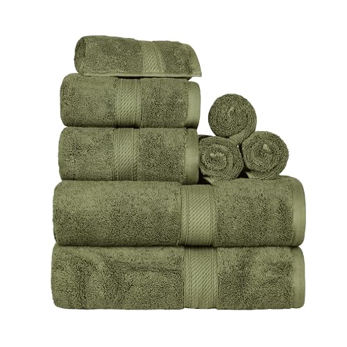 Superior Egyptian Cotton 8-Piece Solid Towel Set, Washcloths 13” x 13”, Hand Towels 20” x 30”, Bath Towels 30” x 55”, 800 GSM, 8-Pieces, Forest Green