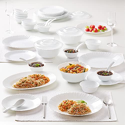 Larah by Borosil Plain White Silk Series Opalware Dinner Set | 47 Pieces for Family of 8 | Microwave & Dishwasher Safe | Bone-Ash Free | Crockery Set 