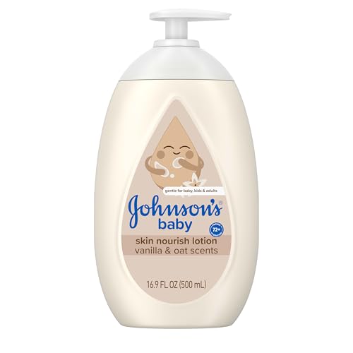 Johnson's Skin Nourish Moisturizing Baby Lotion for Dry Skin with Vanilla & Oat Scents, Gentle & Lightweight Body Lotion for the Whole Family, Hypoallergenic, Dye-Free, 16.9 fl. oz