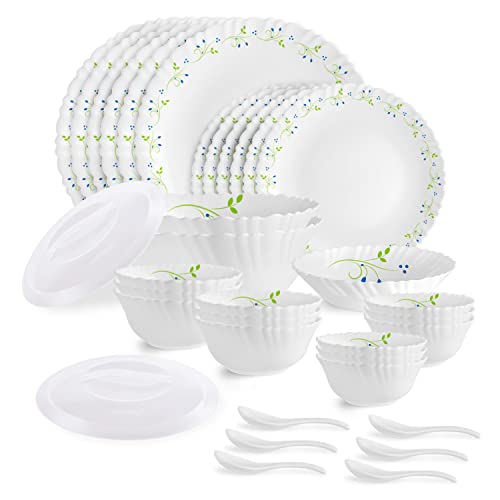 CELLO Tropical Lagoon Dazzle Series Opalware Dinner Set of 35 Pieces For Family of 6 | Bone-Ash Free & Leadfree Opal Glass, Microwave & Dishwasher Saf