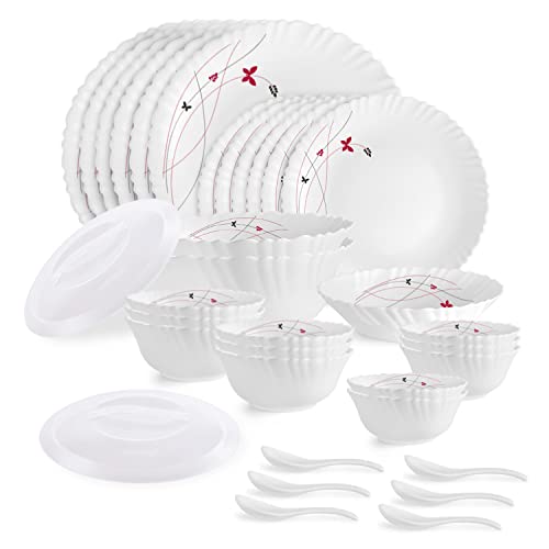 Cello Opalware Dazzle Series Lush Fiesta 35 Piece Dinner Set Serving for 6 | Bone Ash-Free | Lightweight, Elegant White Plates & Bowls Set | Opal Glas