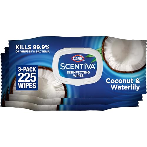 Clorox Scentiva Disinfecting Wipes, Dorm Room Essentials, Coconut and Waterlily, 75 Count (Pack of 3)