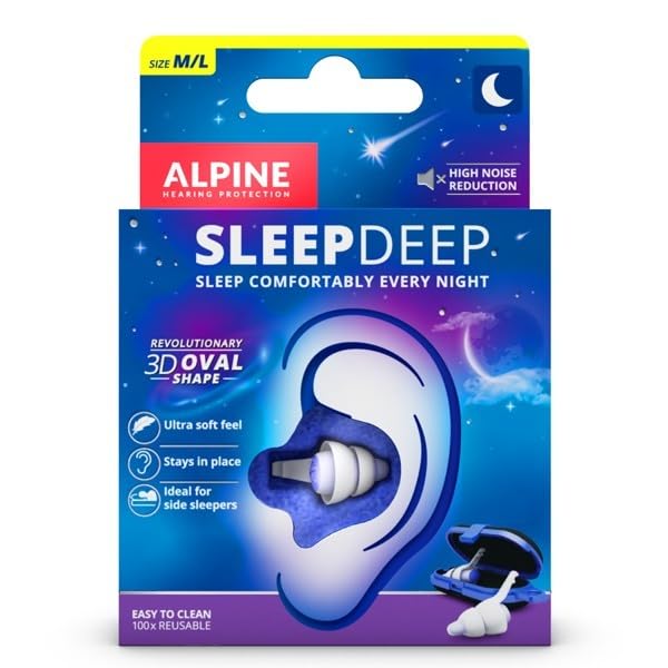 Alpine SleepDeep - Soft Ear Plugs for Sleeping and Concentration - New 3D Oval Shape and Noise Reducing Gel for Better Attenuation - 27 dB - Ideal for Side Sleeper - 1-Pair Reusable: M/L White