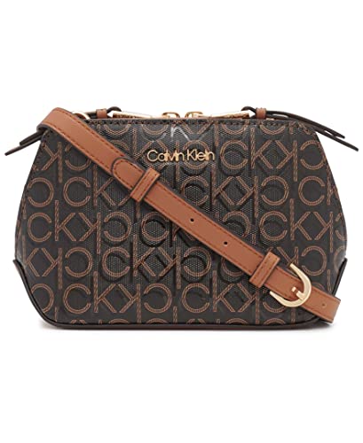 Calvin Klein Women's Lucy Triple Compartment Crossbody, Brown/Khaki/Caramel Embossed, One Size