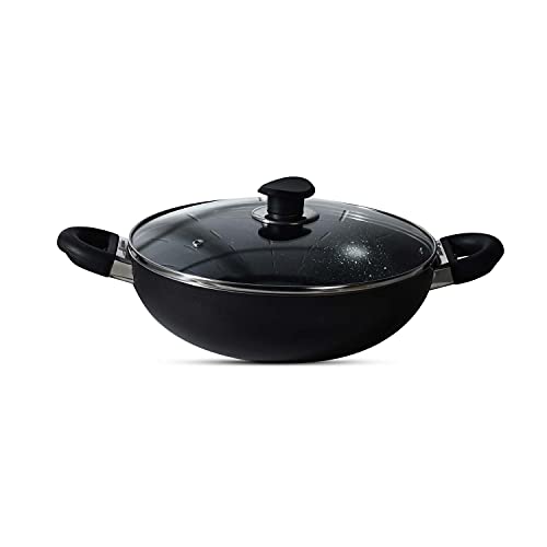 Essential Plus 5 Layer Marble Non Stick Kadai/Kadhai with Glass Lid, 28 cm, 5.2 litres, Induction Base, Food Safe (PFOA Free), Thickness 3.2mm, 1 Year