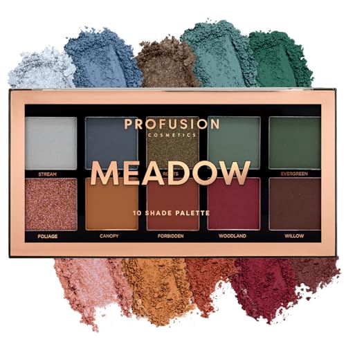 Profusion Cosmetics 10 Shade Eyeshadow Palette - High Pigmented Multi-Finish Colors, Vegan & Cruelty-Free, Create Stunning Looks On-the-Go - Travel-Friendly & Versatile Makeup, (Meadow)