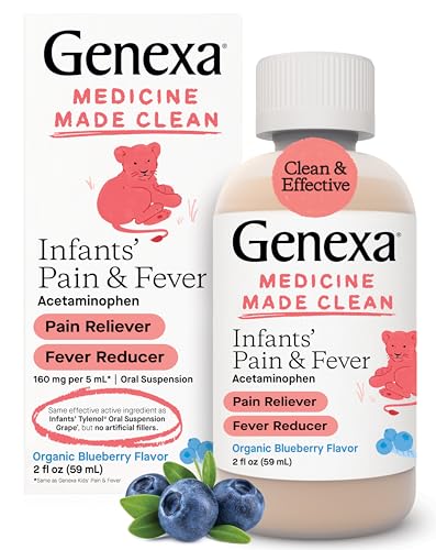 Genexa Infants' Clean Acetaminophen | Pediatrician Preferred Ingredients | Pain Reliever & Fever Reducer for Babies | Dye Free, 0% Artificial Additives | Delicious Organic Blueberry Flavor, 2 fl oz