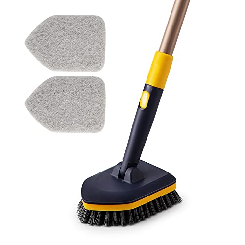 Yocada Tub Tile Scrubber Brush 2 in 1 Cleaning Brush 58.2 Inch Adjustable Telescopic Pole Stiff Bristles Scouring Pads for Cleaning Bathroom Kitchen Toilet Wall Tub Tile Sink Non Scratch