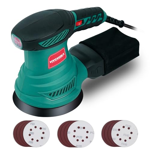 5-Inch Random Orbital Sander, HYCHIKA 13000RPM Electric Orbital Sander with 6 Various Speeds, Palm Sander with 12 Pcs Sandpapers, 1 Pcs Dust Bag, Fit for Woodworking/Sanding