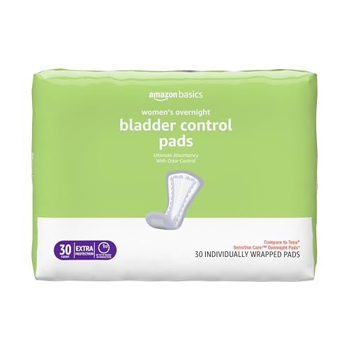 Amazon Basics Incontinence Pads for Women, Bladder Control, Postpartum, Overnight Absorbency, Unscented, 30 Count
