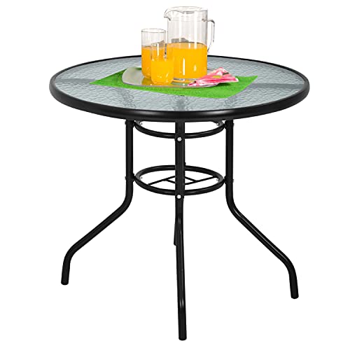 32in Outdoor Table Patio Dining Table Outdoor Dining Table with Umbrella Hole Round Tempered Glass for Yard Bistro Lawn Balcony