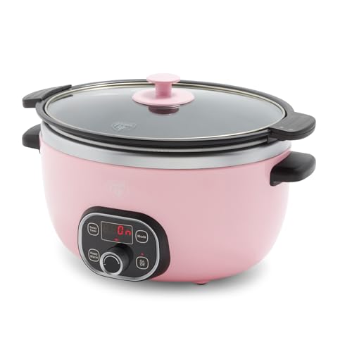 GreenLife 6QT Slow Cooker, Non-Toxic PFAS-Free Ceramic Nonstick Removable Interior Bowl, Programmable, Family Friendly, Keep Warm, Stovetop & Oven Safe, Dishwasher Safe Parts, Timer, Glass Lid, Pink