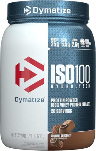 Dymatize ISO100 Whey Protein Powder Isolate, Gourmet Chocolate, 25g of Protein, 5.5g BCAAs, Less Than 120 Cal., Gluten Free, 1g Fat, 1g Sugar, 2g Carb (20 Servings)