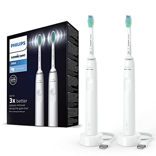 🔥 STARKER PREIS (-52%) Philips Sonicare 3100 elektrische Zahnbürste, Schallzahnbürste, Andruckkontrolle und Timer, Weiß, Zweierpack, Modell HX3675/13