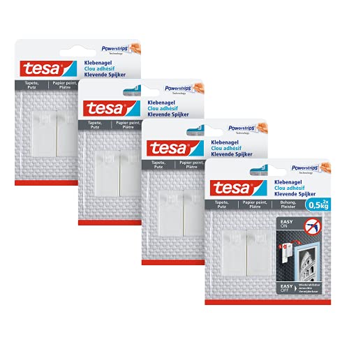 🔥 STARKER PREIS (-37%) tesa Klebenagel für Tapeten und Putz 0,5kg im 4er Pack - Selbstklebende Nägel für empfindliche Oberflächen - rückstandslos - Bis zu 0,5 kg Halteleistung pro Nagel - 4x 2 Klebenägel