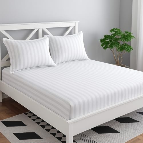 Decoholic 210 TC Glace Cotton Satin Stripes Plain Bed Sheet for Double Bed King Size with Two Pillow Covers for Home-Hotels (90x100 Inch) (White) Decoholic 210 TC Glace Cotton Satin Stripes Plain Bed Sheet for Double Bed King Size with Two Pillow Covers for Home-Hotels (90x100 Inch) (White)